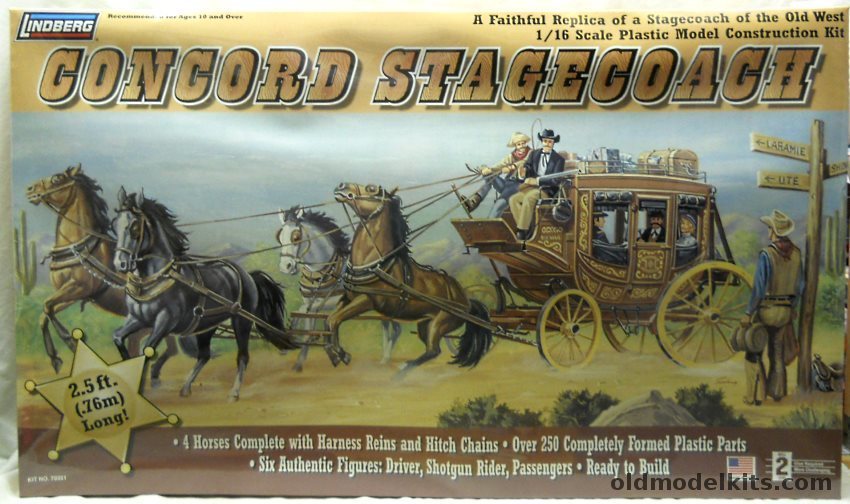 Lindberg 1/16 Concord Stagecoach (Wells Fargo Overland ) - with Figures and Horses, 70351 plastic model kit